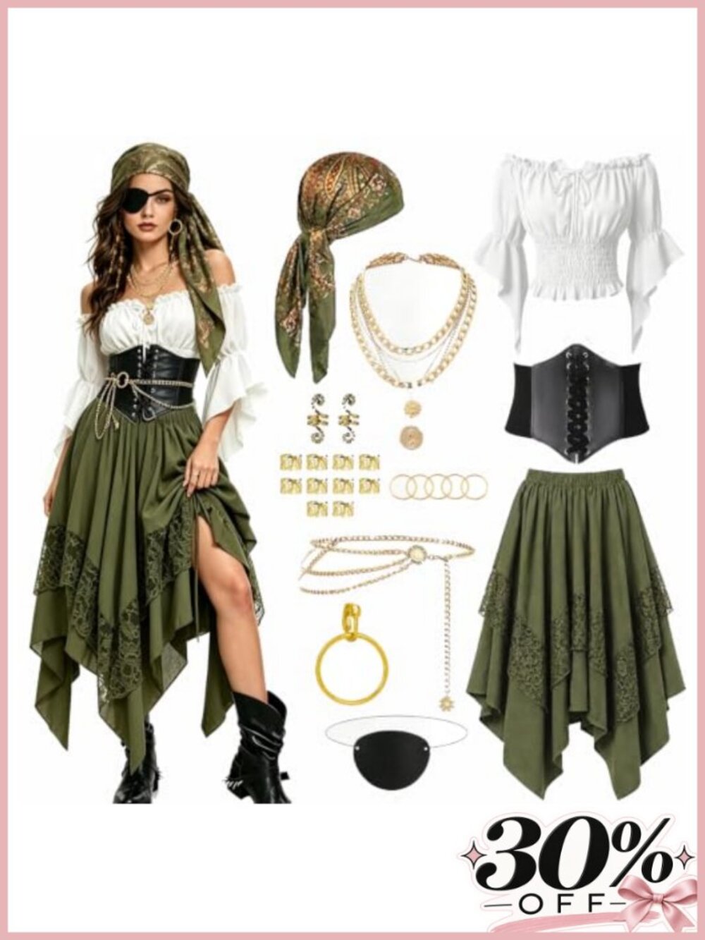 Pirate Costume Women Renaissance Blouse Corset Skirt Halloween Cosplay